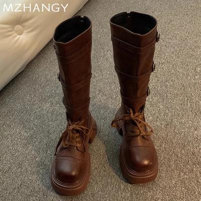 Женские высокие сапоги, кожаные туфли, зимние дизайнерские туфли на среднем каблуке, массивные туфли, женские зимние сапоги 2024 года, элегантные женские ботинки Chelsea Botas