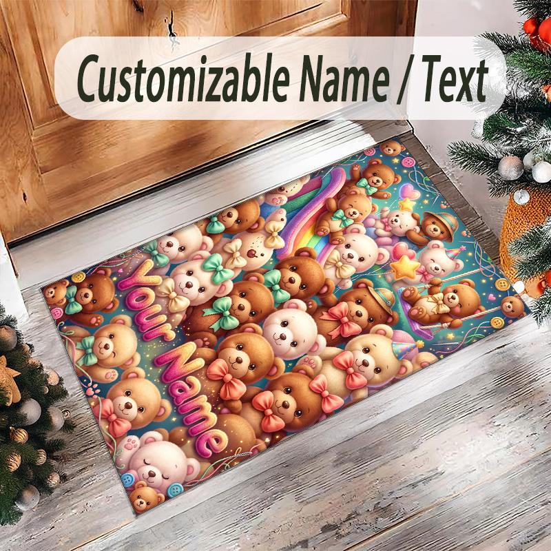 Teddy Bear Theme Crystal Velvet Rug Personalized Custom Name Text Soft Floor Mat Home Decor