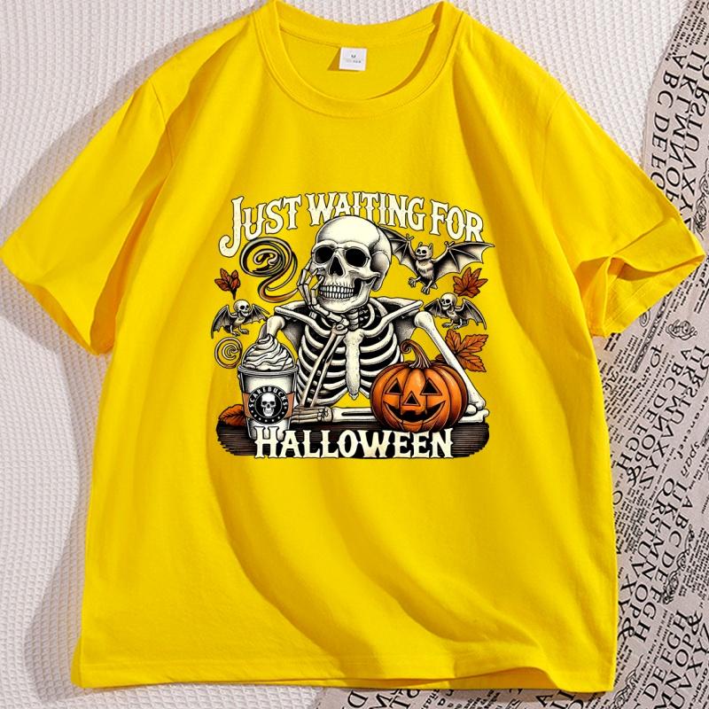 Just Waiting For Halloween Retro Tshirt Unisex Unisex Skeleton Pumpkin Halloween Waiting Tee Spooky Season Fall T Shirt