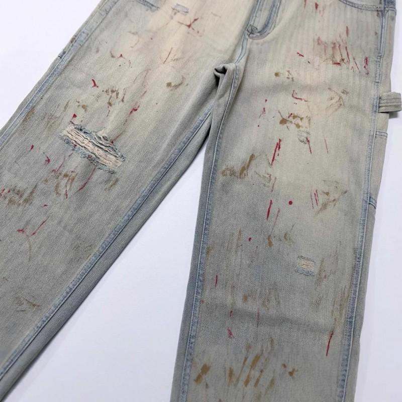 Mens Distressed Ripped Denim Jeans With Bloodstain Print Loose Fit Straight Leg Mid-Waist Stretch Cotton Streetwear Casual