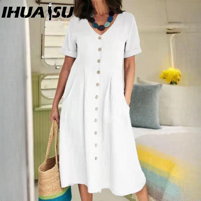 IHUASU Женская мода лето весна однотонный принт V-образный вырез высокая талия повседневные платья