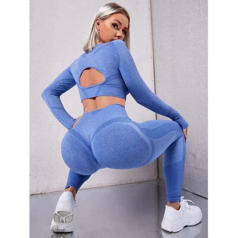 American Bodycon 2 Piece Suits Sexy Seamless Yoga Wear Peach Hip Women Beauty Back Long Sleeve Sports Yoga Suit Fitness Wear Women Outfits