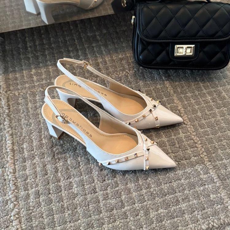 Beautiful High-heeled Thick-heeled French Cross-riveted Female Royal Sister Temperament 2025 Pointed High-end Celebrity Fashion Sandals