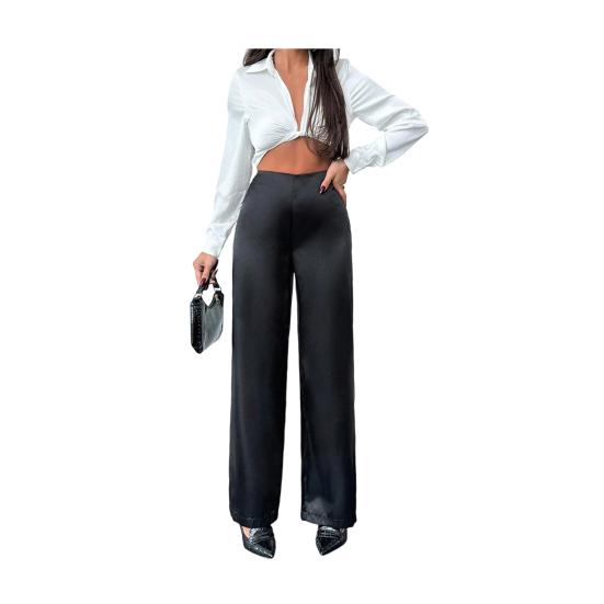 Women Pants Mid-rise Solid Color Loose Fit Wide Leg Design Long Trousers Smooth