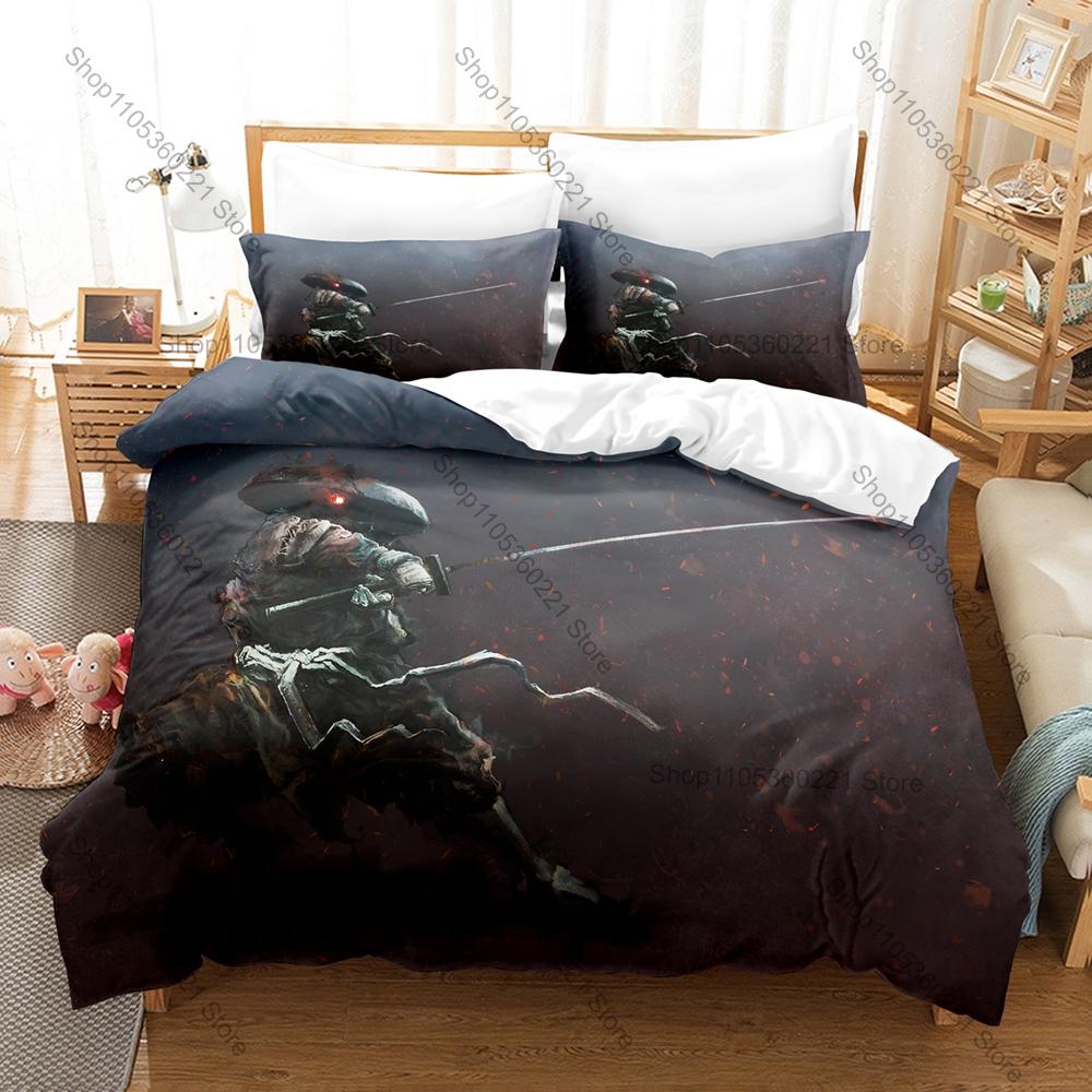 Cool Japanese Samurai Bedding Set Duvet Cover + 2 Pillowcases Traditional Ronin Katana Cherry Blossom Warrior Bedroom Decor