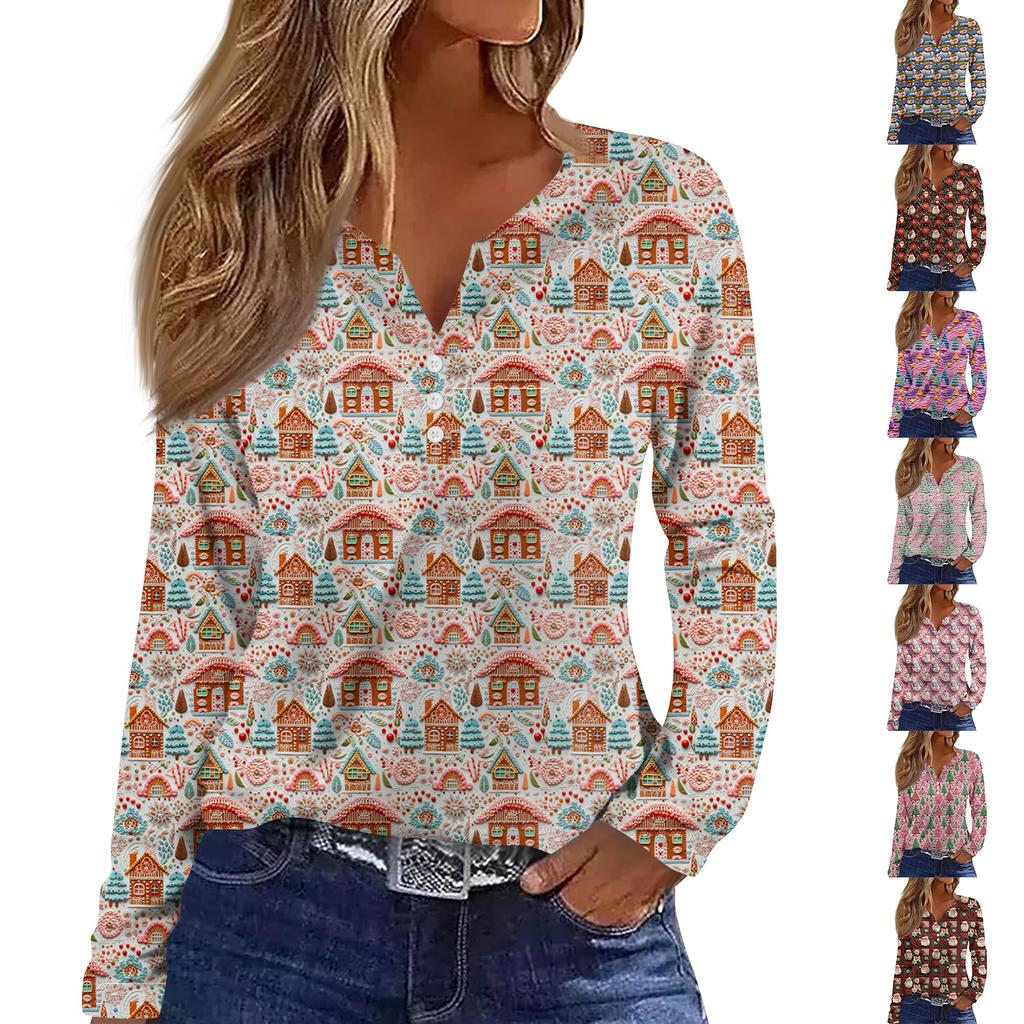 Women's Fashion Casual V-Neck Button-Up Long-Sleeve T-Shirt With Christmas Print Top
