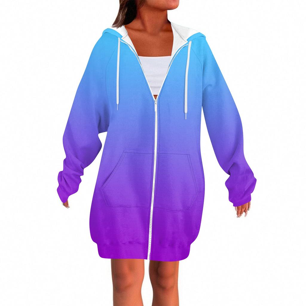 Women's Fashionable Printed Long Sleeved Drawstring Hooded Zipper Pocket Long Casual Sweatshirt Jacket