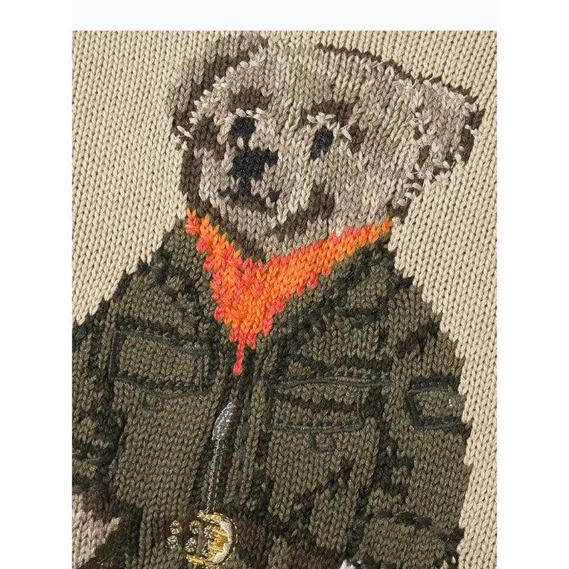 Унисекс шерстяной вышитый свитер с рисунком медведя - повседневный круглый вырез, длинный рукав