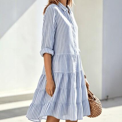 European and American fresh blue and white striped shirt skirt loose versatile lapel contrasting color casual commuter vacation dress