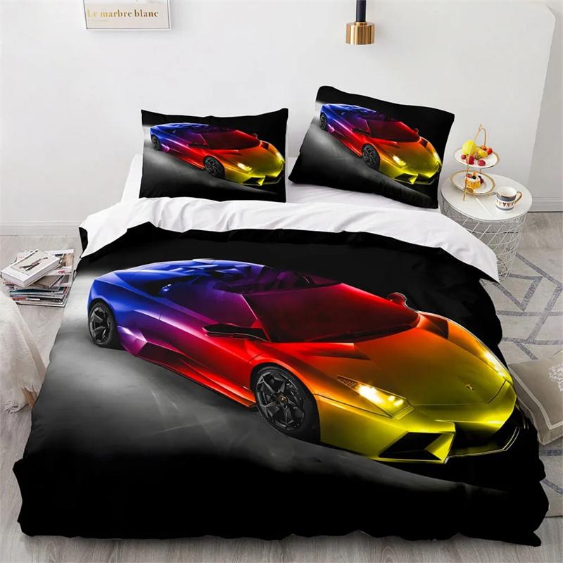 Sports Car King Queen Duvet Cover Cool Colorful Supercar Pattern Bedding Collection For Men Adult Race Car 23Pcs Polyester Quilt Cover