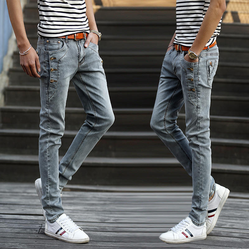 Мужские джинсы, простые тонкие корейские версии брюк с эластичной резинкой, молодежная мода, джинсовая ткань