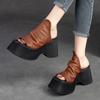 Women Platform Slippers Genuine Leather Thick Sole Wedges Slides Retro Fashion Peep Toe Shoes
