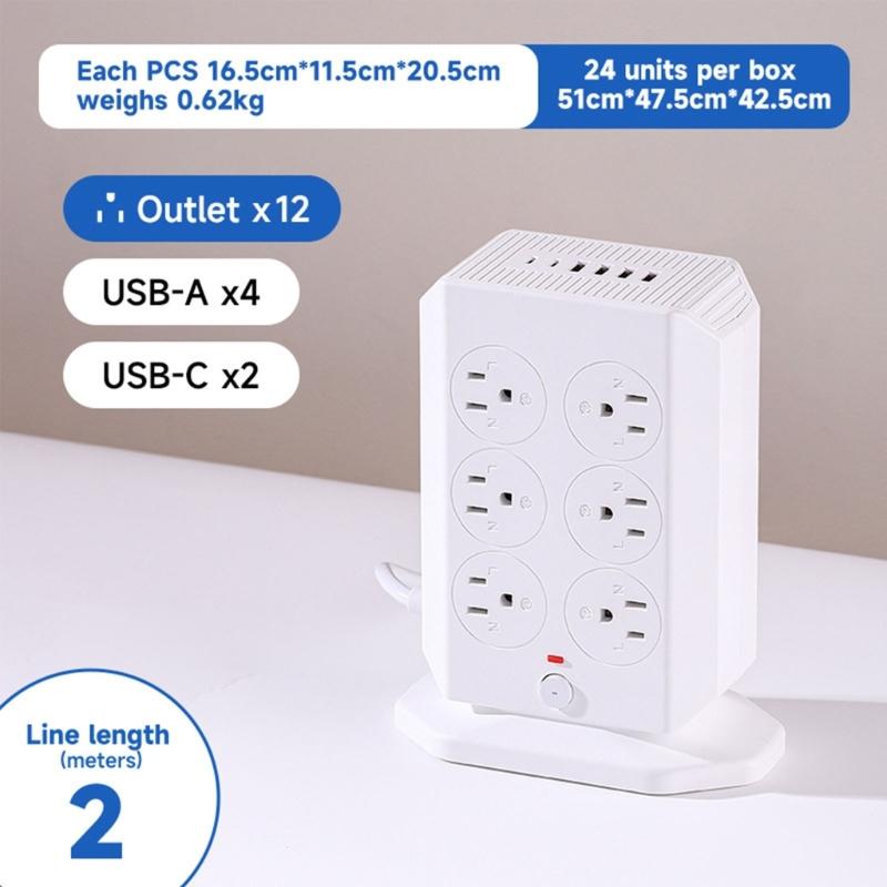 Vertical Type Power Strips 12 Outlets Small Design Outlet Tower for Home and Offices Space Saving Plastic Construction