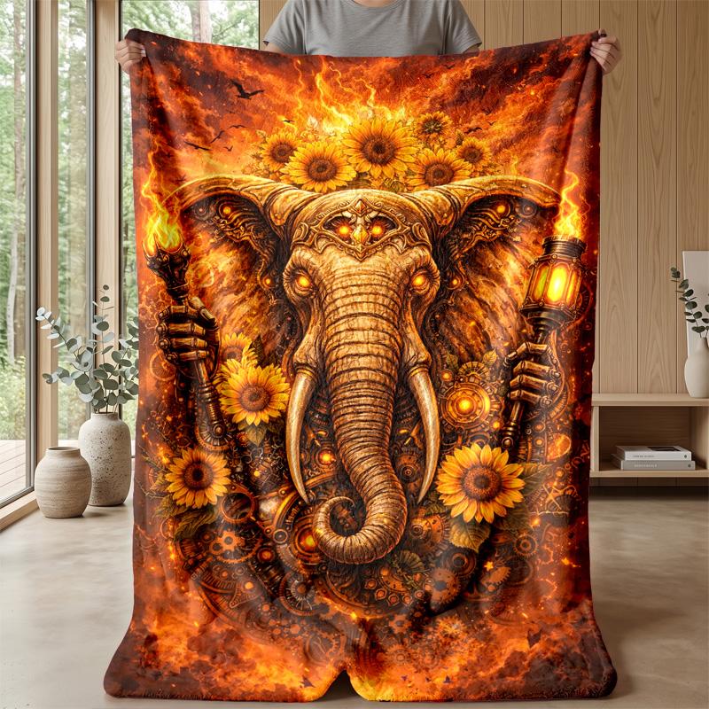 Steampunk Elephant with Sunflowers Theme blanket Lightweight Warm Flannel Blanket Decorative Throw Blanket for Home Decoration