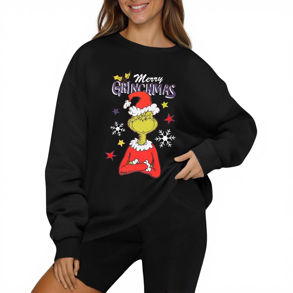 Women's Fashion Casual Long Sleeve Solid Color Christmas Printed Round Neck Top Sweatshirt