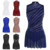 Women Lyrical Dance Dress Round Collar Sleeveless Ruched Design Rhinestone Embellished Backless Performance Gown
