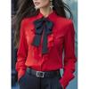 Women Autumn Blouses and Shirts Solid Color Long Sleeve Bow Decoration Casual Business Workwear Shirts Tops