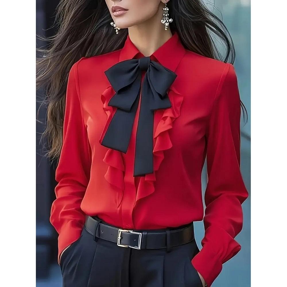 Women Autumn Blouses and Shirts Solid Color Long Sleeve Bow Decoration Casual Business Workwear Shirts Tops