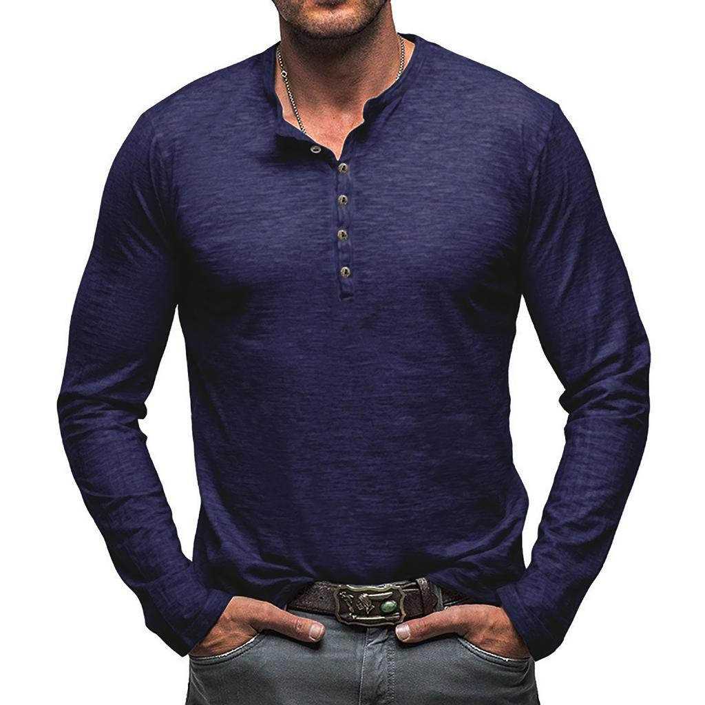 Men's Solid Color Long Sleeve T-Shirt Shirt Men's Casual Sports Top - Seven Buttons