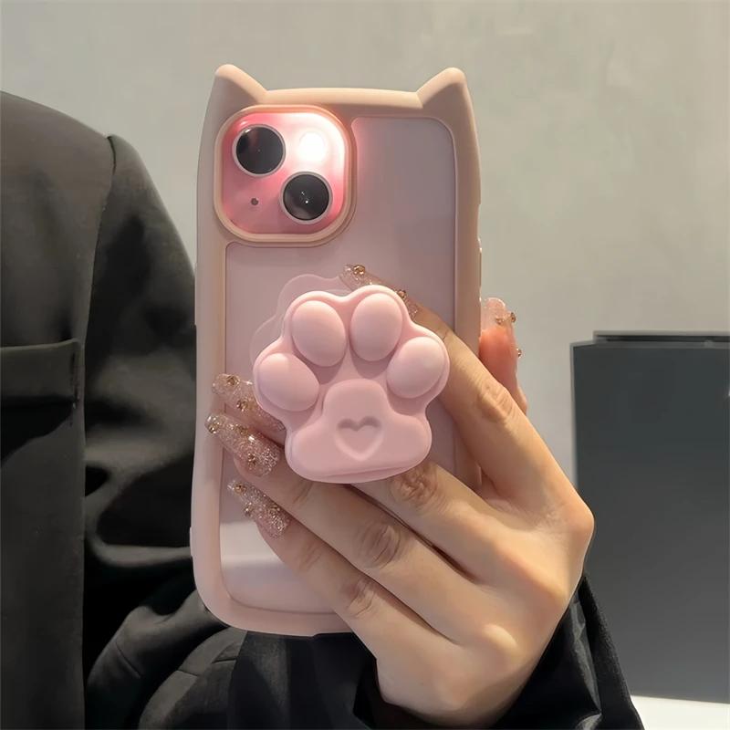 Милый держатель-лапка кошки Чехол для iPhone 17 Air 16 15 13 12 14 11 Pro Max Plus Мультяшный Прозрачный Мягкий Чехол Kawaii Силиконовый Чехол