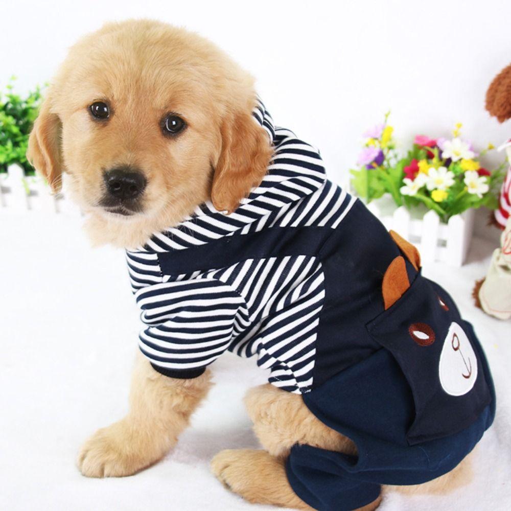 Casual Cartoon Bear Printed Puppy Cat Clothing Warm Jumpsuit Dog Pullover Hoodie Striped Soft Cat Sweatshirt Small Dogs
