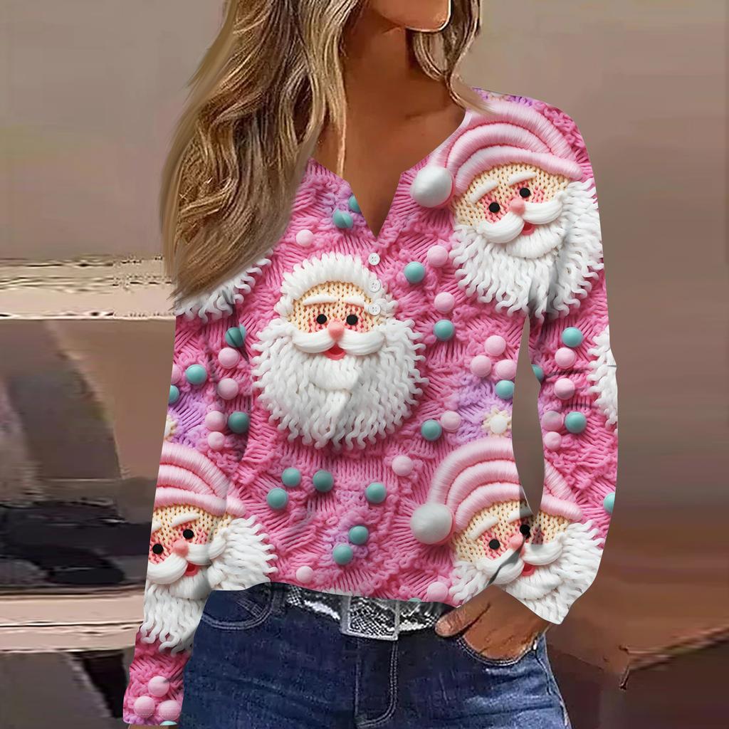 Женская модная повседневная футболка с V-образным вырезом, на пуговицах, с длинным рукавом, с рождественским принтом