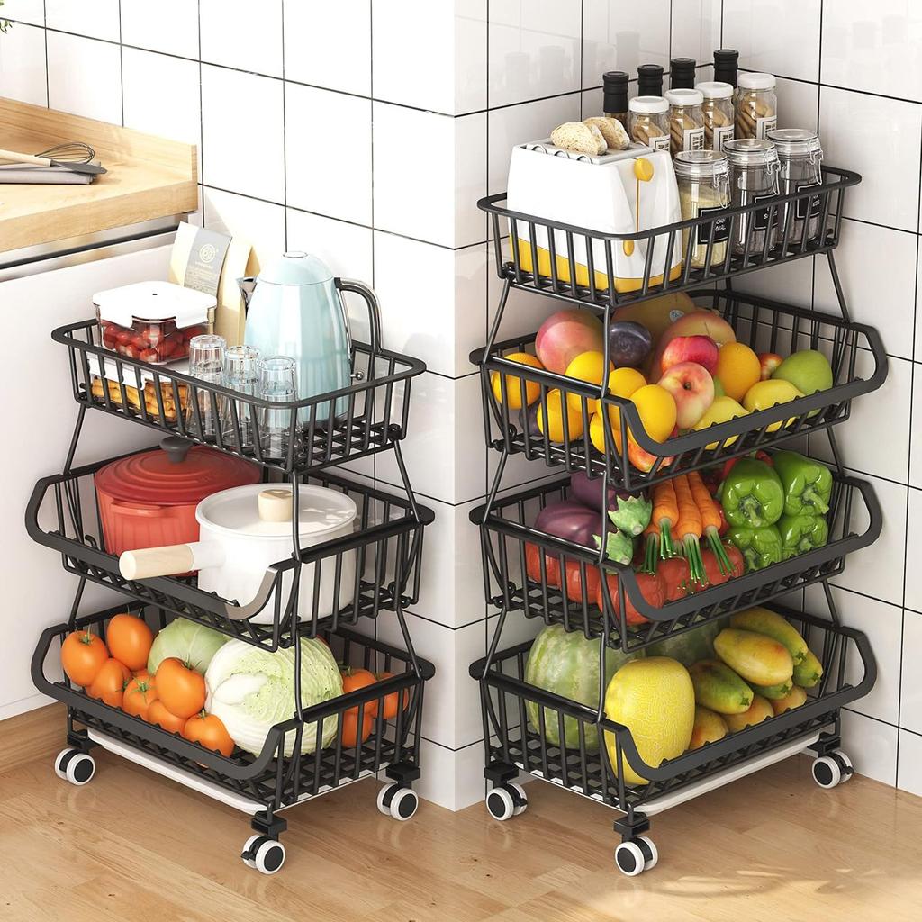 3 Tier Fruit Vegetable Basket,Rolling Pantry Snack Organizer Cart On Wheels for Under Pantry Shelves,Stackable Wire Kitchen Rack