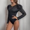 Осенний женский комбинезон, черный кружевной боди с длинными рукавами и рукавами-фонариками