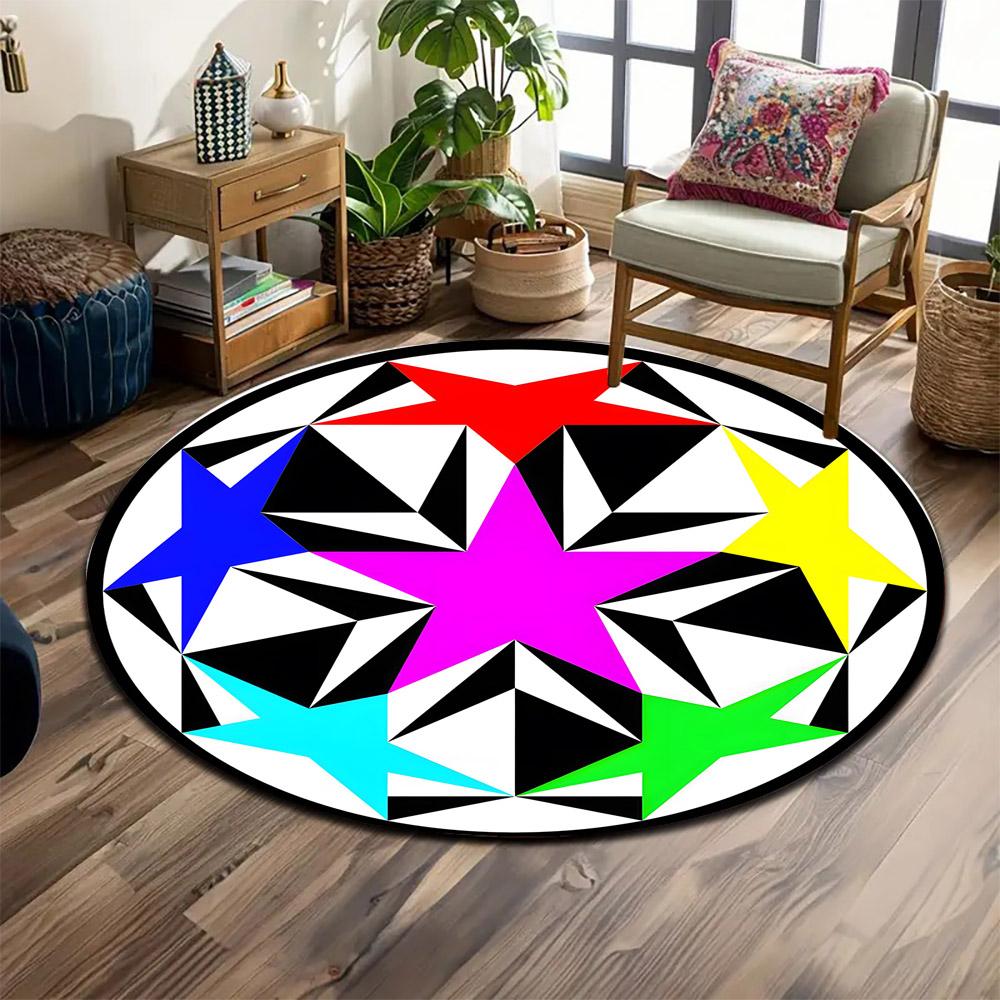 Colorful Geometric Star Pattern Print round rug, living room, bedroom, playroom carpet, non slip floor mat, gift