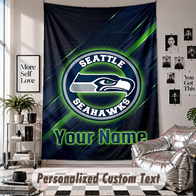 Wall Hanging Tapestry With Custom Name & Text, Seattle Seahawks Decorative Tapestry For Bedroom