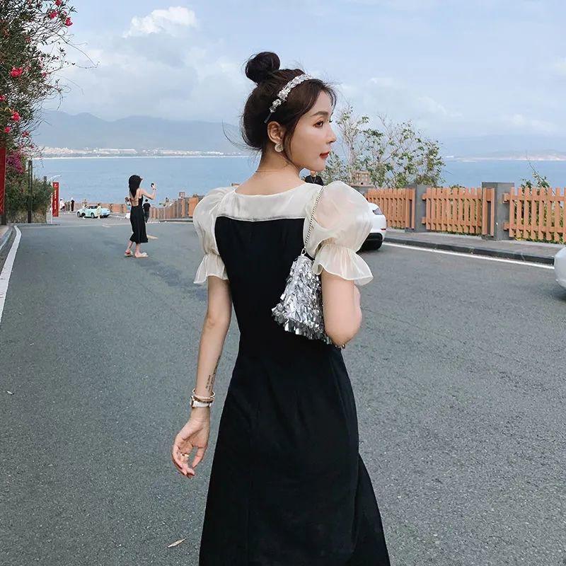 Женское летнее черное облегающее платье миди с короткими рукавами 2021 года