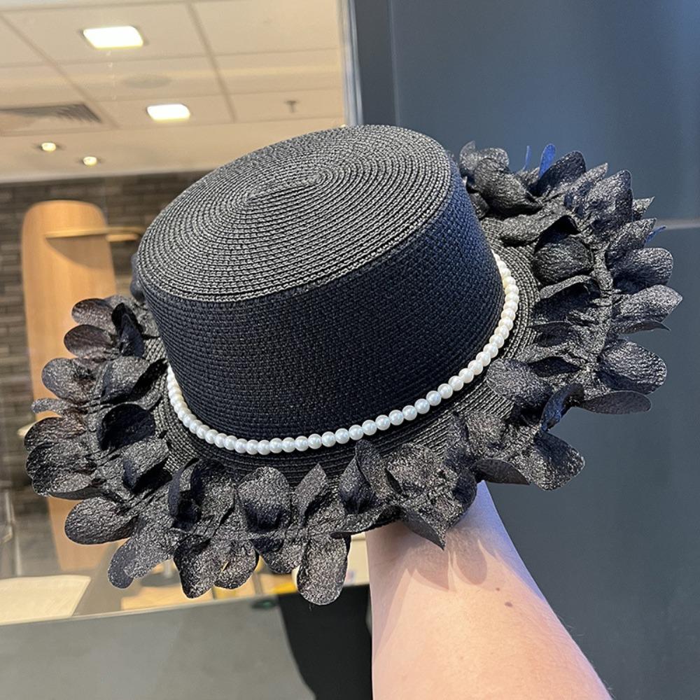 Petal Lace Flat Top Hat Pearl Trim Summer Hat New Straw Sun Hat for Beach and Daily Wear