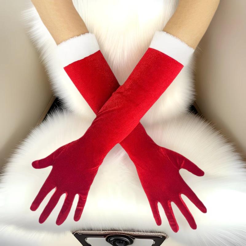 Женские красные рождественские золотые бархатные перчатки с белым пухом - Теплый праздничный аксессуар для вечеринки