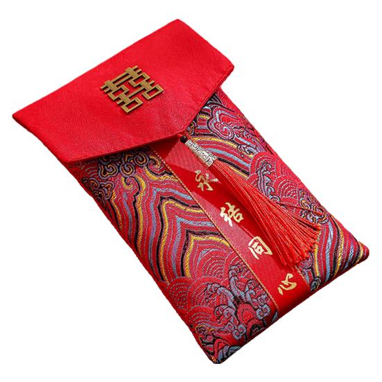Chinese New Year Red Cash Envelope Faux Silk Red Pocket Embroidery Dragon Pattern Tassel Money Holder Cash Coin Gift Lucky Money Envelope Happy