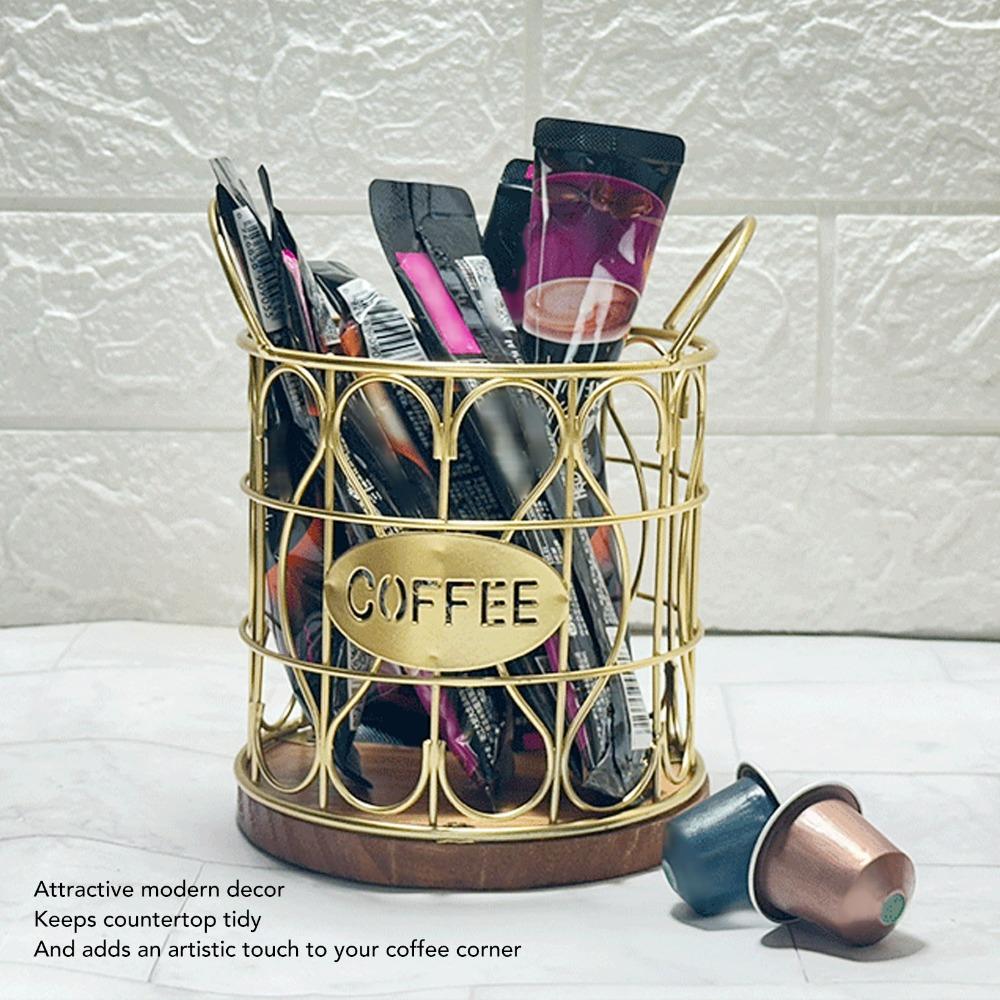 Decorative Round Coffee Pod Basket Metal Coffee Capsule Storage Basket Kitchen Countertop