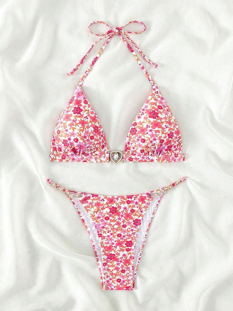 1011 New Pink Printed Love Diamond Jewelry Neck Bikini Sexy Triangle Swimsuit Women