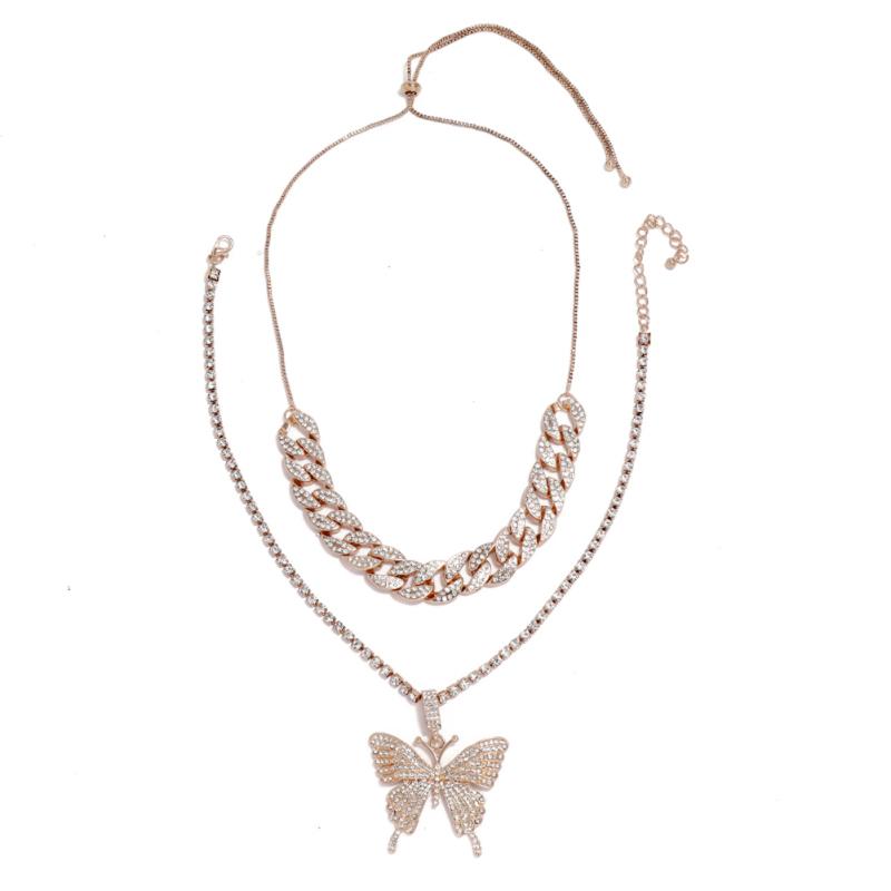 RUI RUI YU Women's Necklace Hip Hop Style Diamond-mounted Double-deck Chain Butterfly-shape Necklace