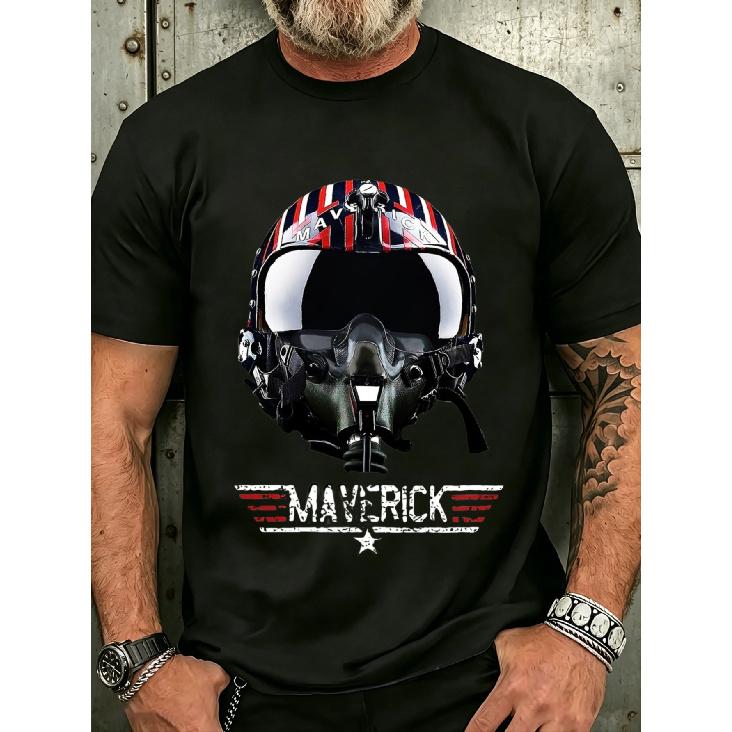 men's black short sleeve t-shirt with pilot helmet graphic, crew neck, relaxed fit, soft cotton feel, aviation-themed print for casual wear or flight