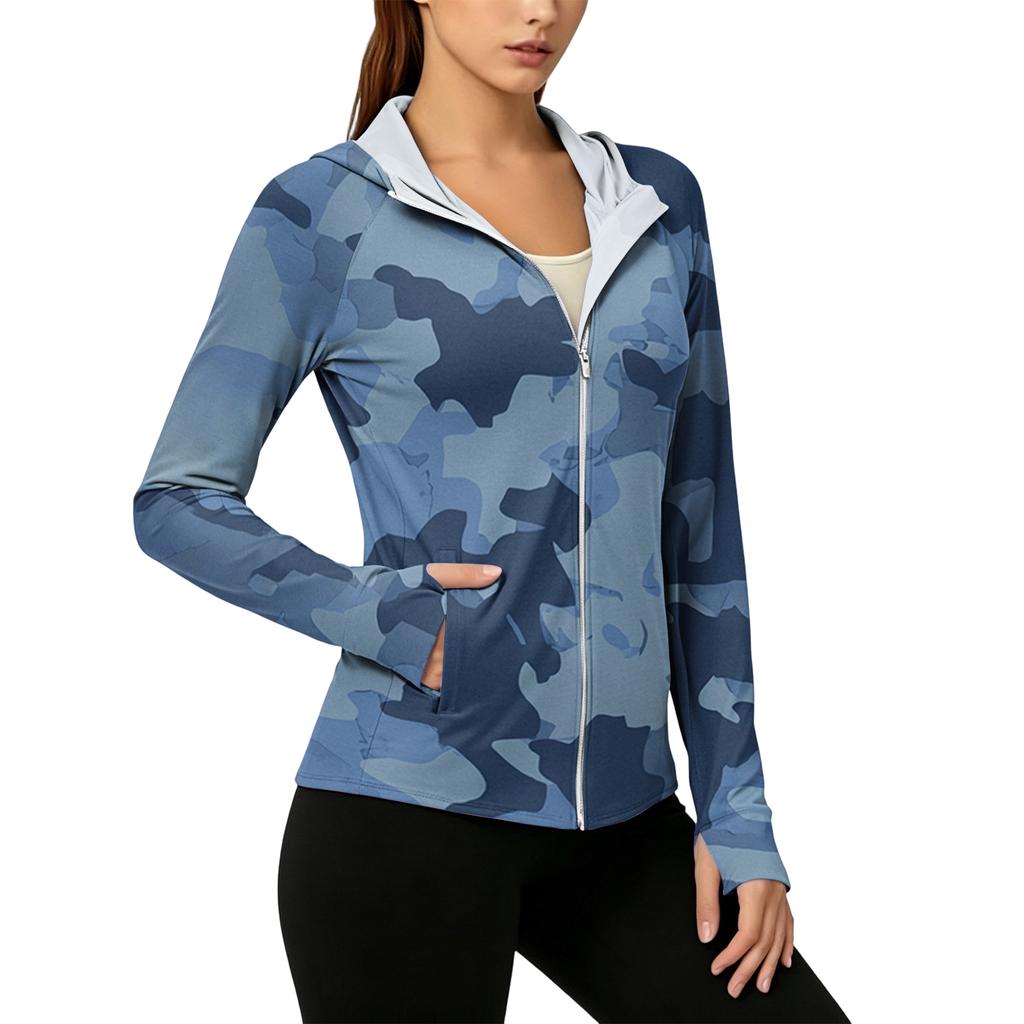 Women's Lightweight Zip Up Hoodie with Hood and Pockets Long Sleeve Camouflage Sun Protection Jacket for Outdoor Activities