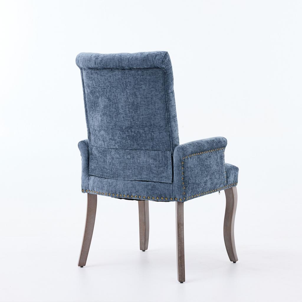 Upholstered Chenille Fabric Accent Dining Chair, Curved Solid Wood Legs, Elegant Tufted Dining Room Kitchen Arm Chair, Single Pack, Blue, DE1895BL