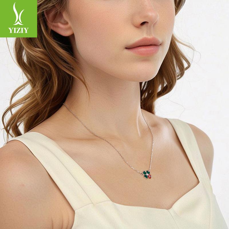 Spring New Four-Leaf Clover Ladybug Necklace 925 Silver Woman, Premium Sense S925 Silver Collarbone Chain