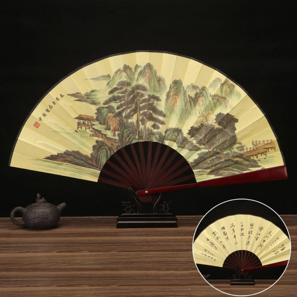 Ancient 33.33CM Folding Fan Chinese Vintage Style Large Silk Fan Classical Hand Fan