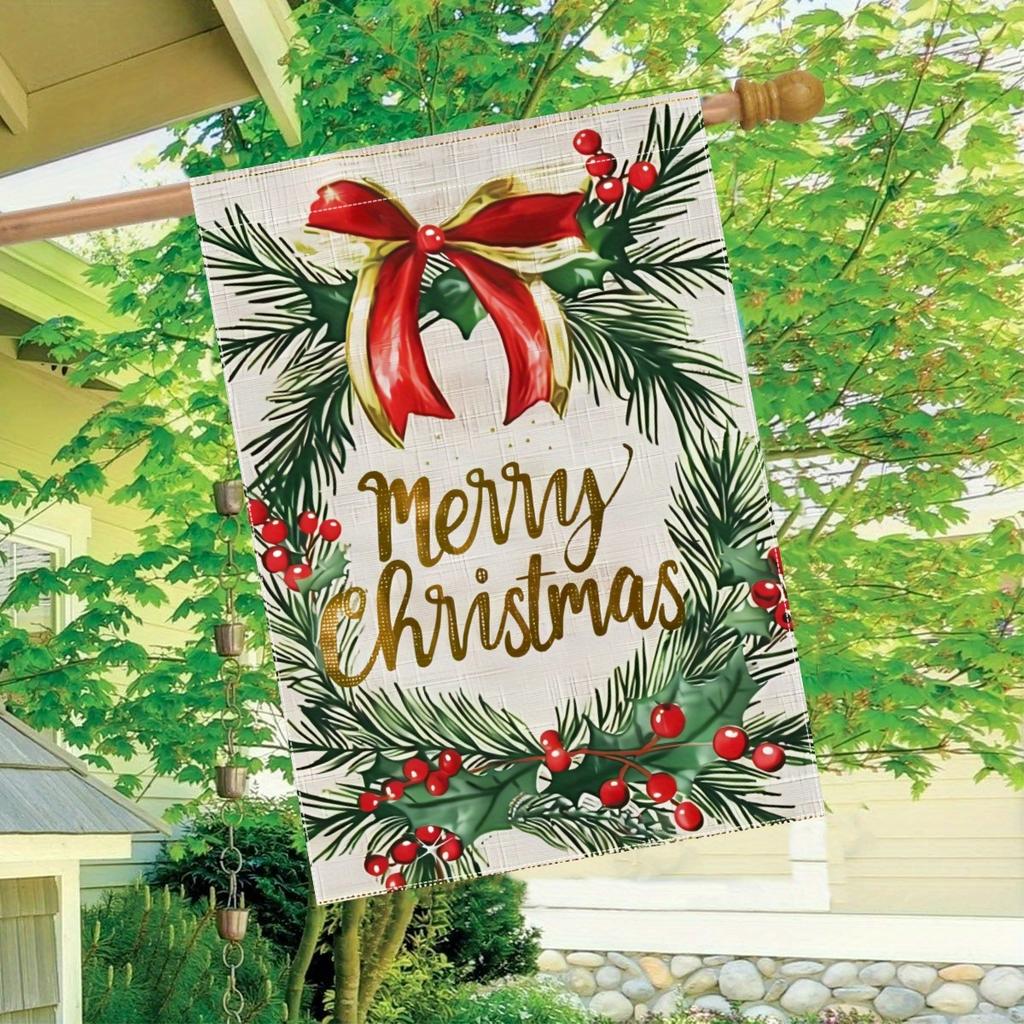 Double-Sided Merry Christmas Garden Flag - Polyester Holiday Yard Decoration with Wreath & Red Berry Design - Weather-Resistant Outdoor Festive Banne