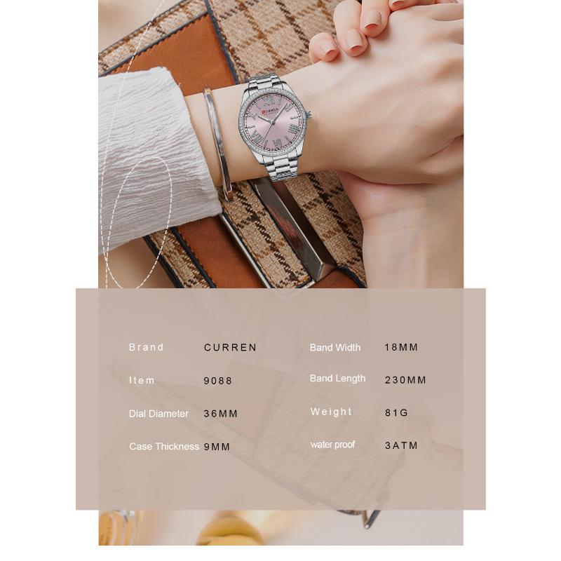 CURREN Роскошные кварцевые женские часы-браслет с очаровательным серебряным циферблатом из горного хрусталя и люминесцентными стрелками из нержавеющей стали