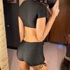 Lace Up Short Sleeve High Waist Bikini Female Swimsuit Women Swimwear Two-pieces Bikini Set Bather Bathing Suit