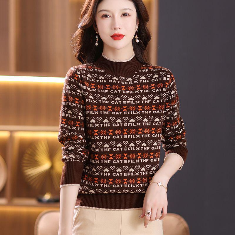 Женский свитер жаккардовой вязки с полуворотом 2024 года - Осень/Зима