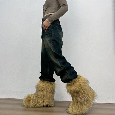 Y2k Меховые зимние сапоги для женщин Зимние теплые плюшевые сапоги Уличная платформа Однотонные сапоги до середины икры Пушистые милые туфли для девочек