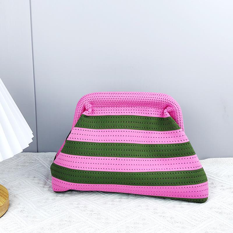 Summer Beach Clutch Purses for Women Crochet Woven Ruched Dumpling Hobo Bag Striped Color Evening Handbag Pool Knit Clutch