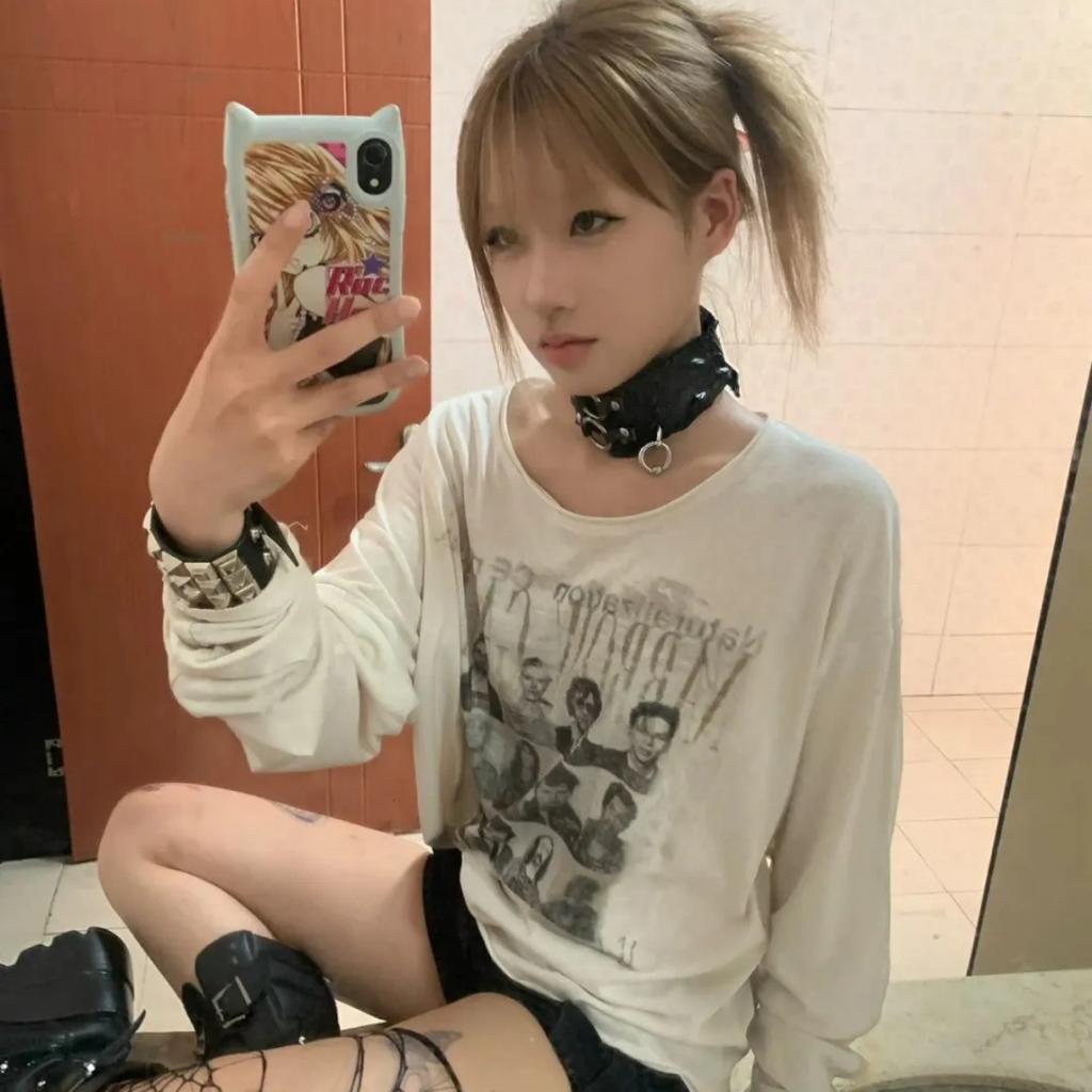 Японская футболка Y2k в стиле панк, гранж-эстетика, состаренные топы, трэшовый винтаж 2000-х, футболка с длинным рукавом, американский ретро