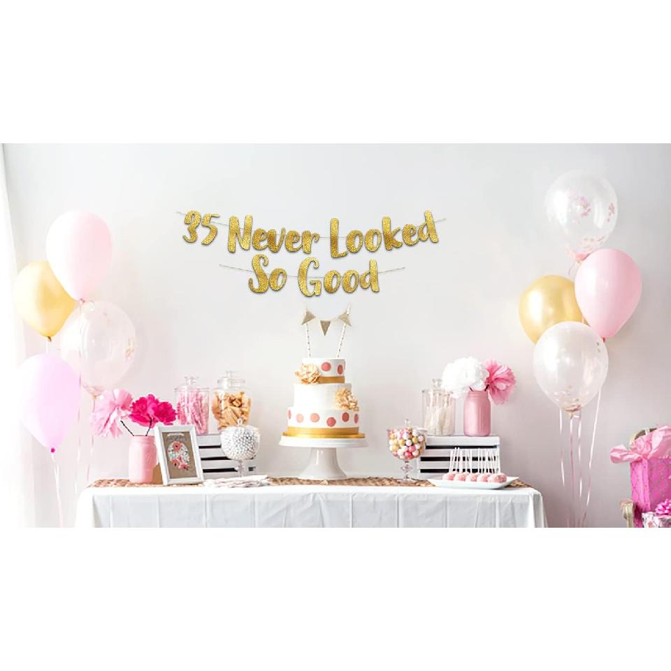 35 Never Looked So Good Gold Glitter Banner - 35th Anniversary and Birthday Party Decorations